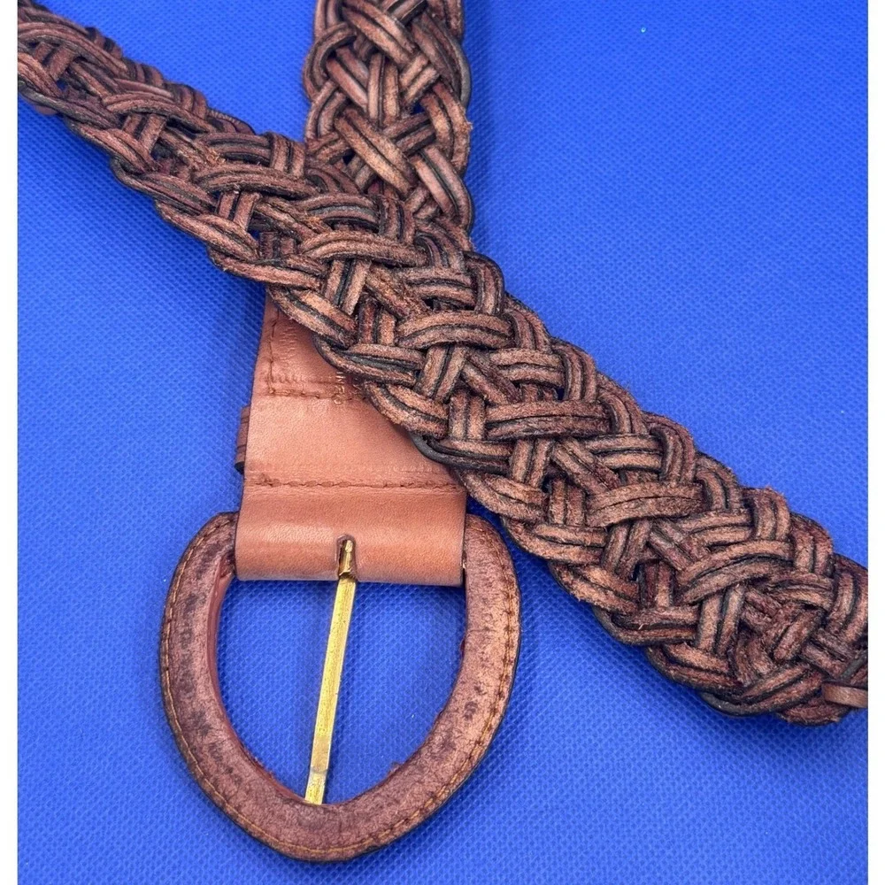 Cognac Brown Genuine Leather Braided Belt Wide Woven Boho Western Earthy Rustic